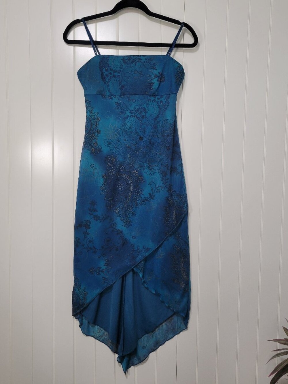VTG Y2K Teal Metallic Paisley Asymmetrical Fairy Whimsigoth Grunge Slip Dress M